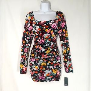 WILD FABLE Velvet Colorful Floral Print Ruching Black Dress X-Small NWT